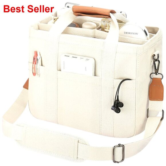 Handbags - Large Canvas Tote Bag with Multi Pockets, Laptop Compartment, Adjustable Strap